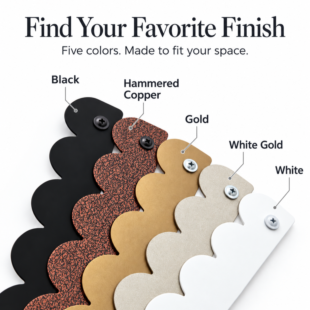 Scalloped magnetic art display finishes: black, hammered copper, gold, white gold and white powder coat