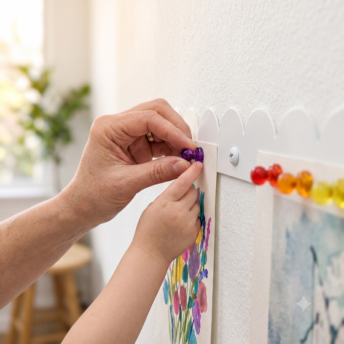Parent and child pressing a magnet onto a white scalloped magnetic art display holding kids artwork
