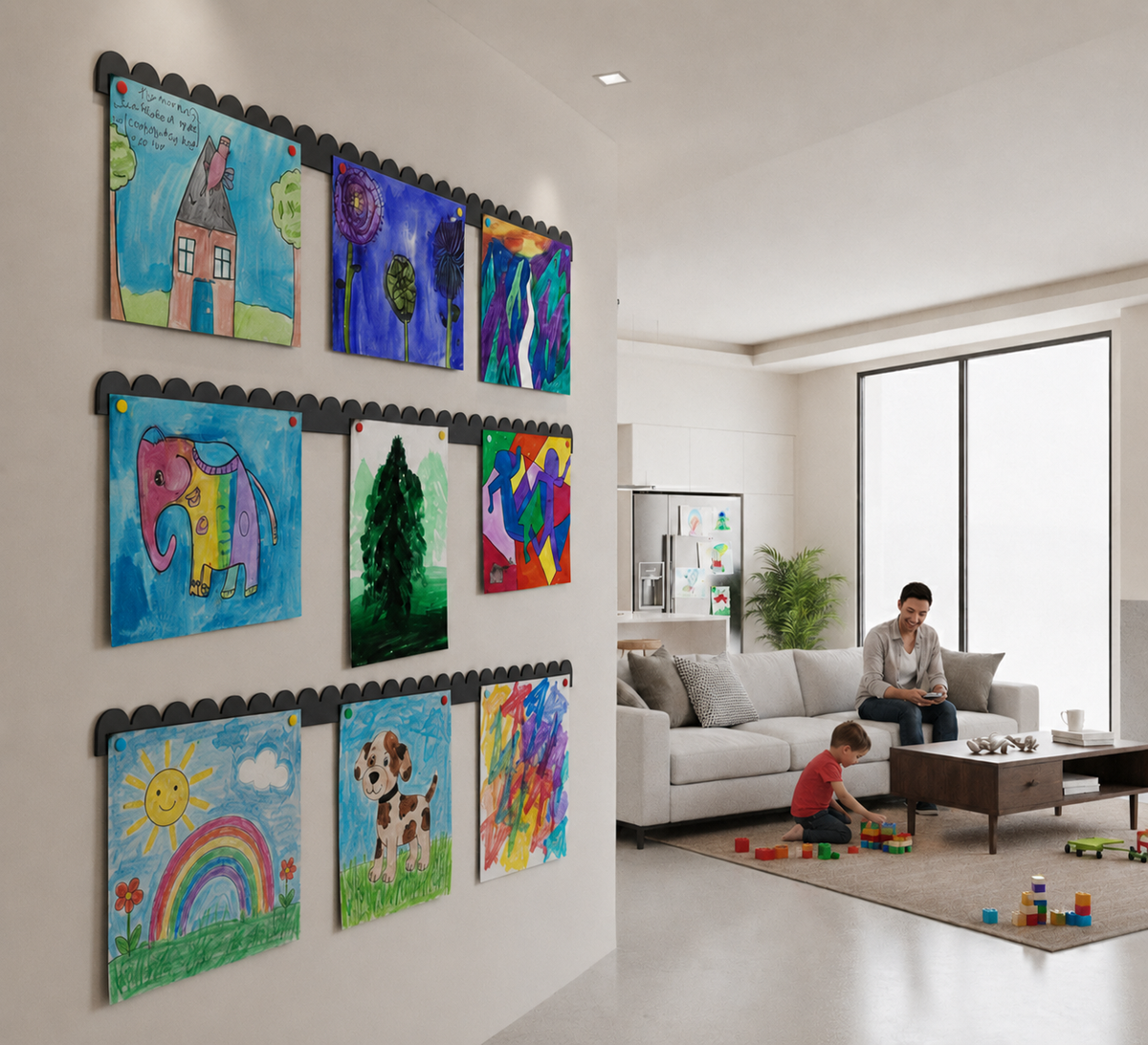 Three black scalloped magnetic art display bars stacked to make a gallery wall of kids art