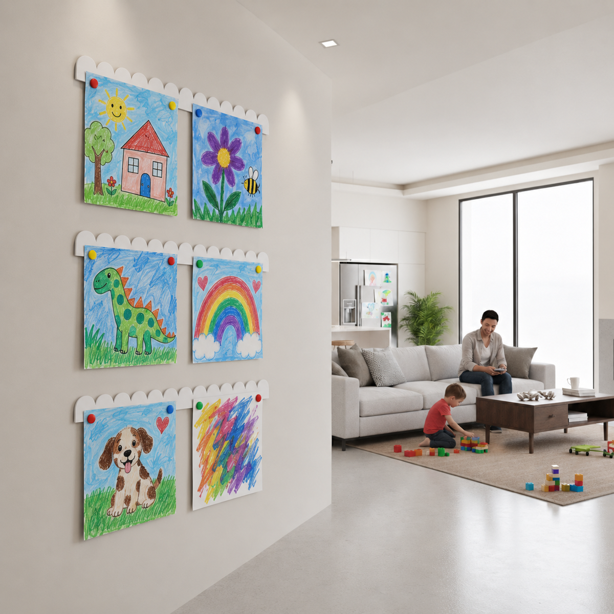 Three white scalloped magnetic art bars arranged as a kids art gallery wall in a playroom