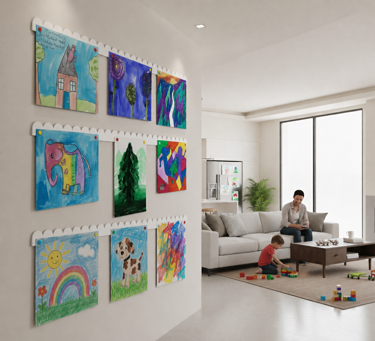 Three white scalloped magnetic art bars holding nine pieces of kids artwork on a hallway wall