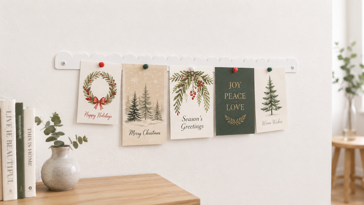 White scalloped magnetic bar displaying Christmas cards and holiday art above a console table