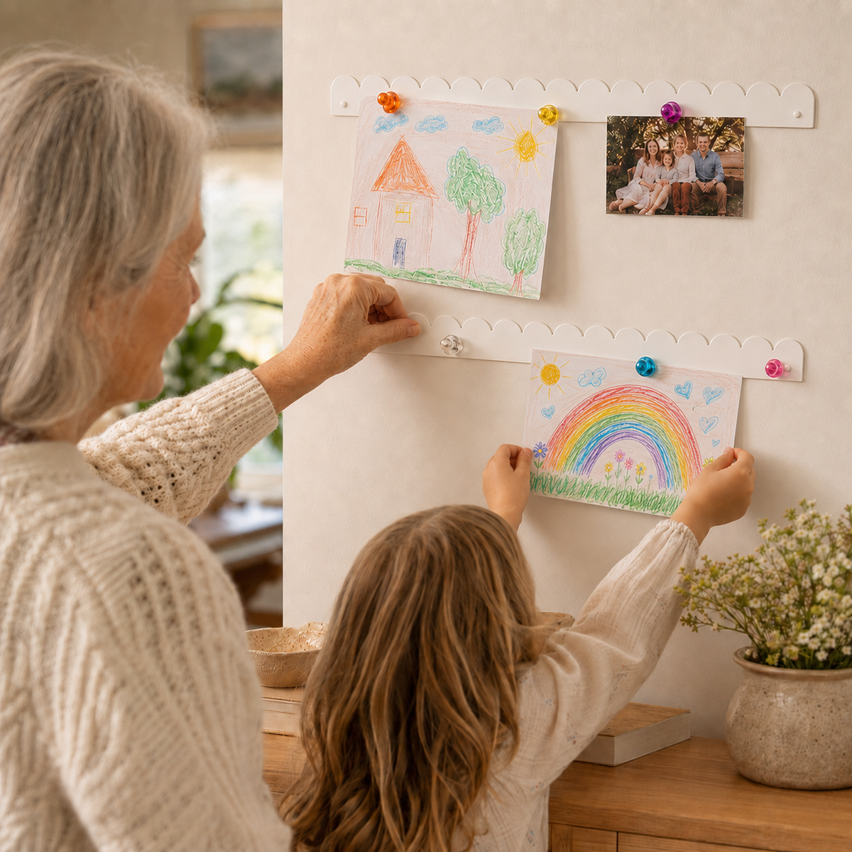 Grandmother and granddaughter hanging drawings and a photo on two white magnetic art bars
