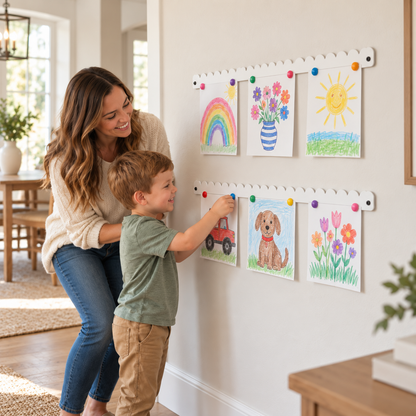 Boy pressing a magnet onto his truck drawing on two white scalloped magnetic art display bars, mom helping