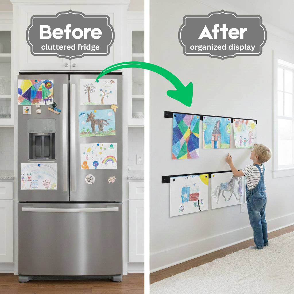 Before and after: cluttered refrigerator art versus an organized wall display on magnetic art bars