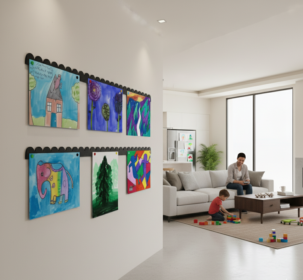 Two 35 inch black scalloped magnetic art bars displaying children's paintings in a living room