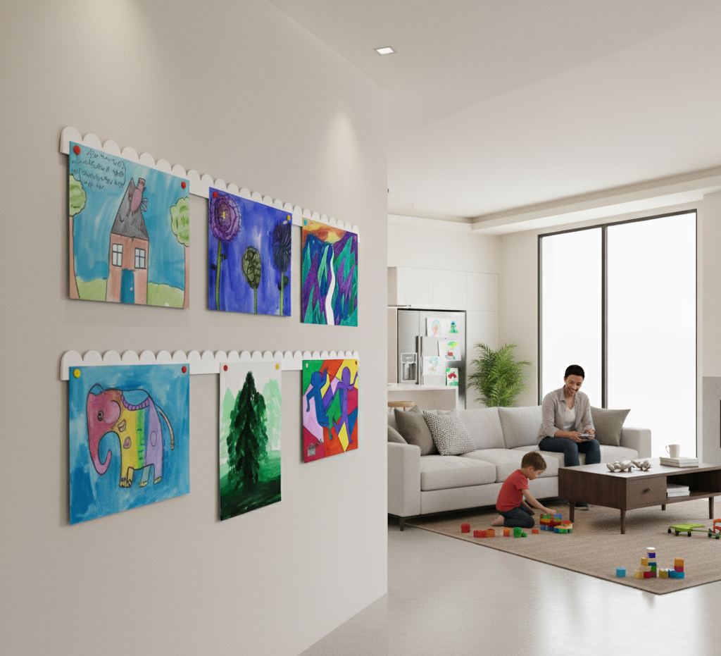 Two 35 inch white scalloped magnetic art bars forming a kids art wall in a playroom