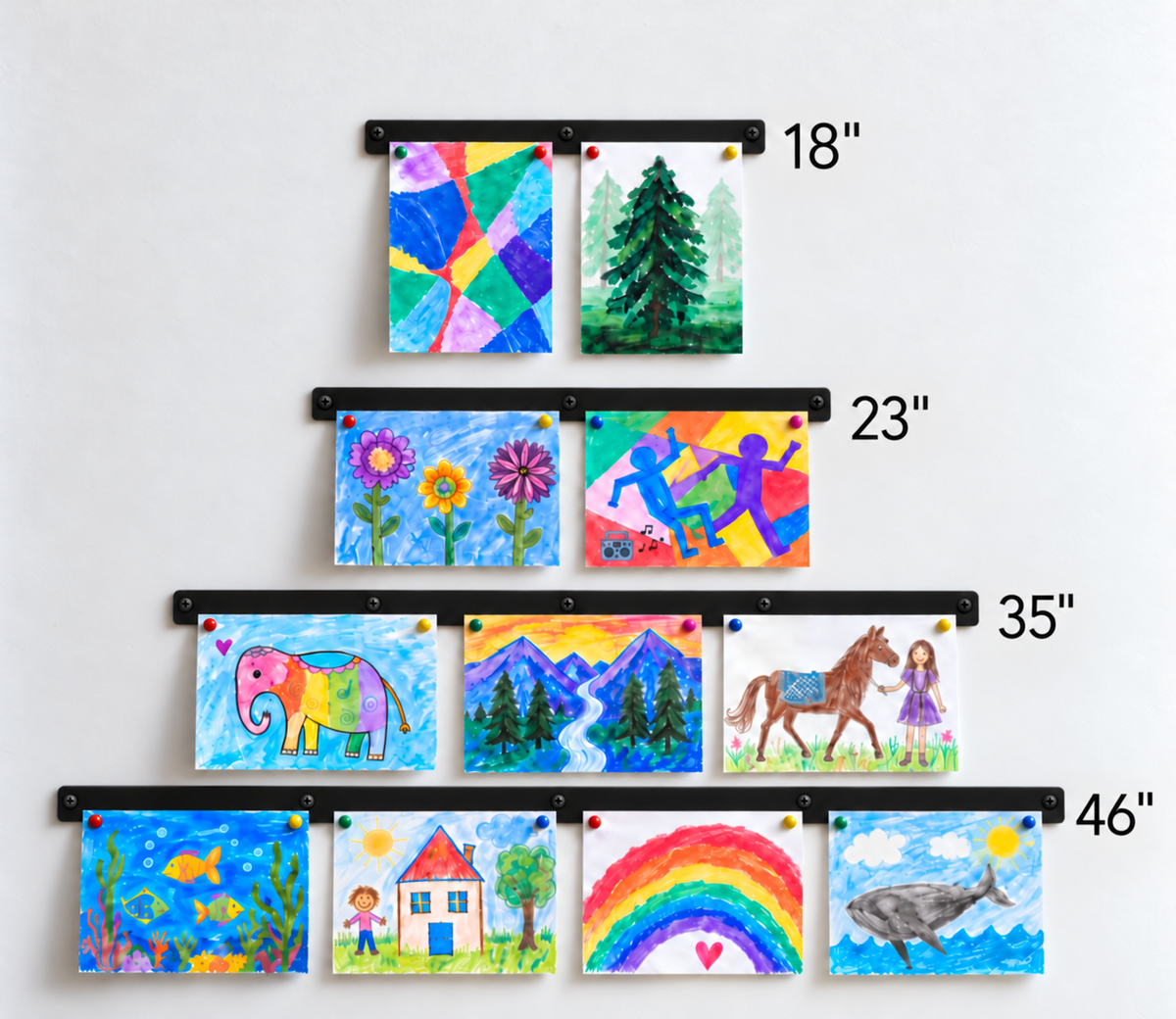 Modern magnetic display strip size chart: 18, 23, 35 and 46 inch lengths in black holding kids artwork