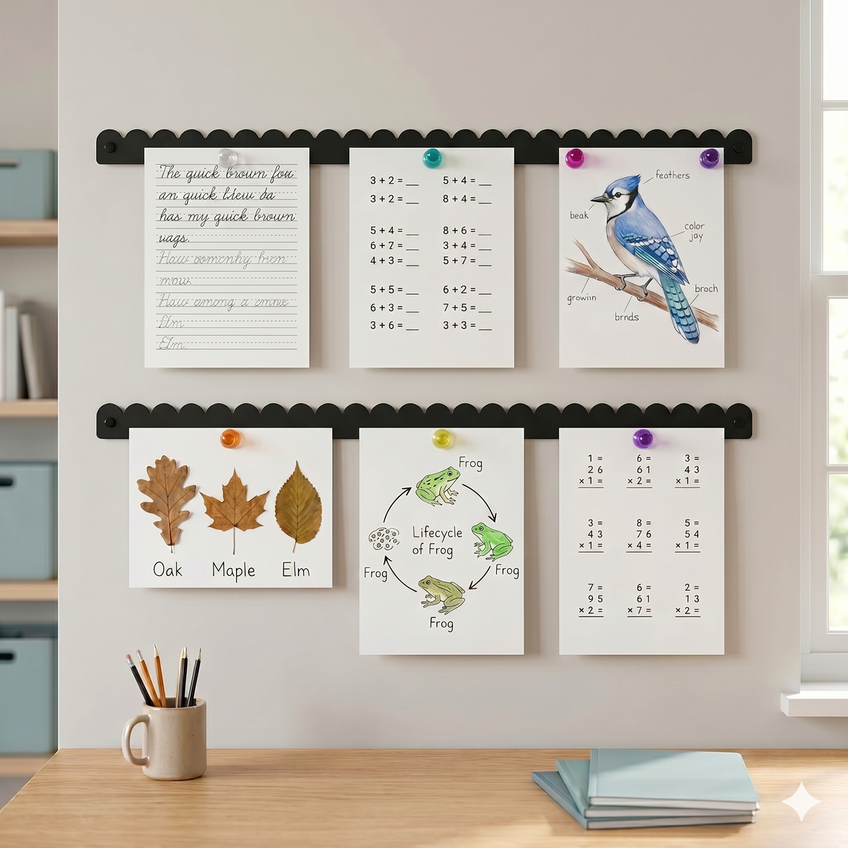 Black magnetic art bars holding homeschool worksheets and nature study pages above a desk