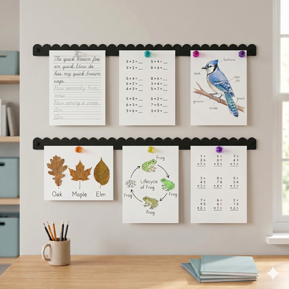 Black magnetic art bars holding homeschool worksheets and nature study pages above a desk