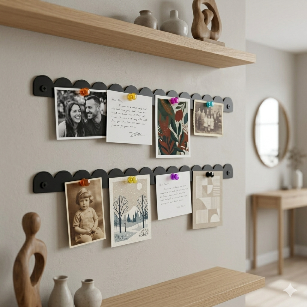 Two black scalloped magnetic bars displaying family photos, cards and art prints in an entryway