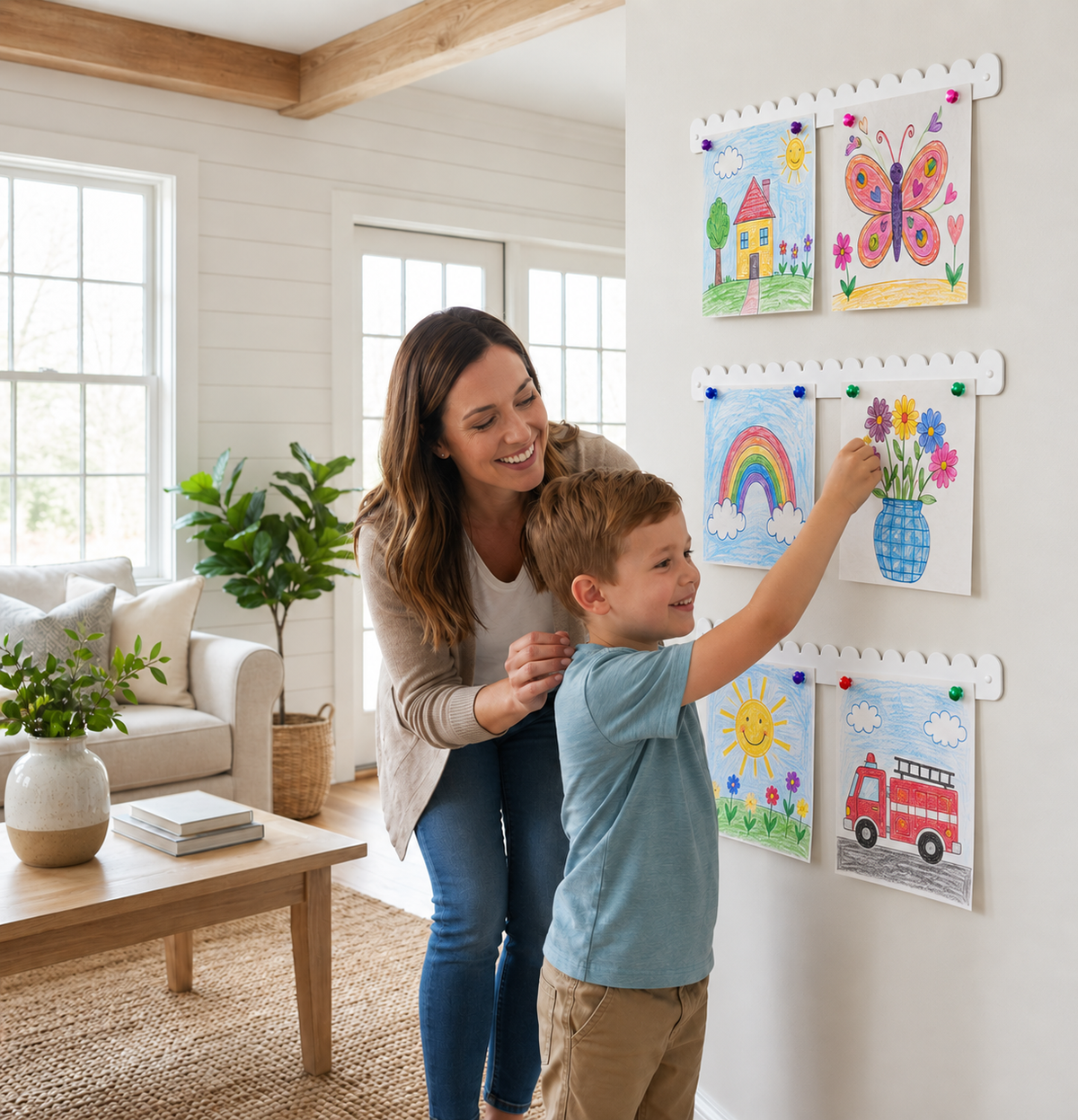 Mom and son with three 23 inch white scalloped magnetic art bars full of children's drawings