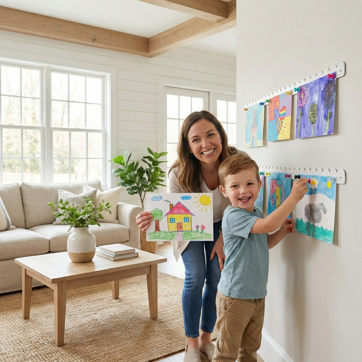 Mom and toddler hanging kids artwork on white scalloped magnetic art display bars in a living room