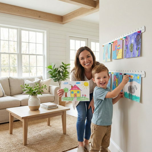 Mom and toddler hanging kids artwork on white scalloped magnetic art display bars in a living room