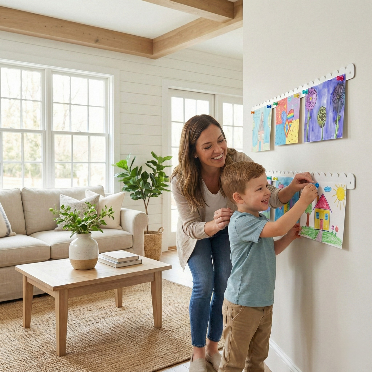 Mother and son swapping artwork on white magnetic art display bars above a living room couch
