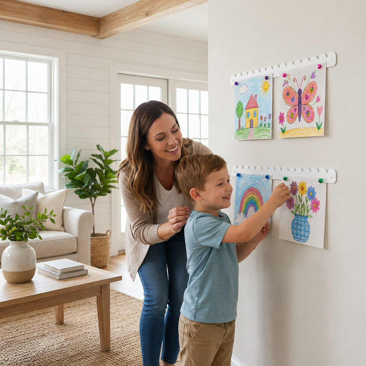 Child adding a drawing to two 23 inch white scalloped magnetic art bars on a hallway wall