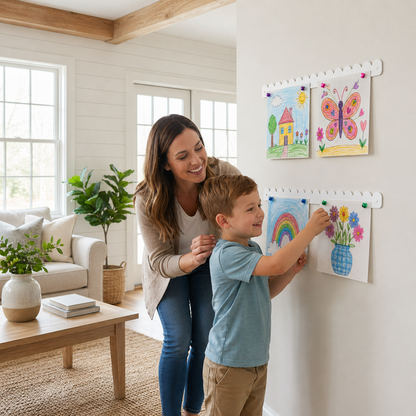 Child adding a drawing to two 23 inch white scalloped magnetic art bars on a hallway wall
