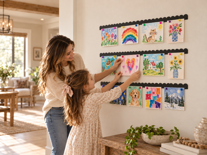 Kids art gallery wall made with three black scalloped magnetic art displays, mother and daughter hanging artwork