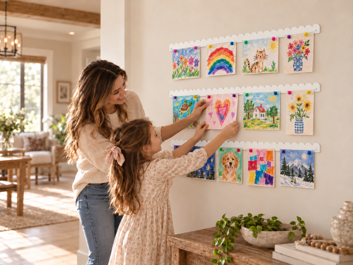 Mother and daughter adding drawings to a kids art wall display of three white scalloped magnetic art hangers
