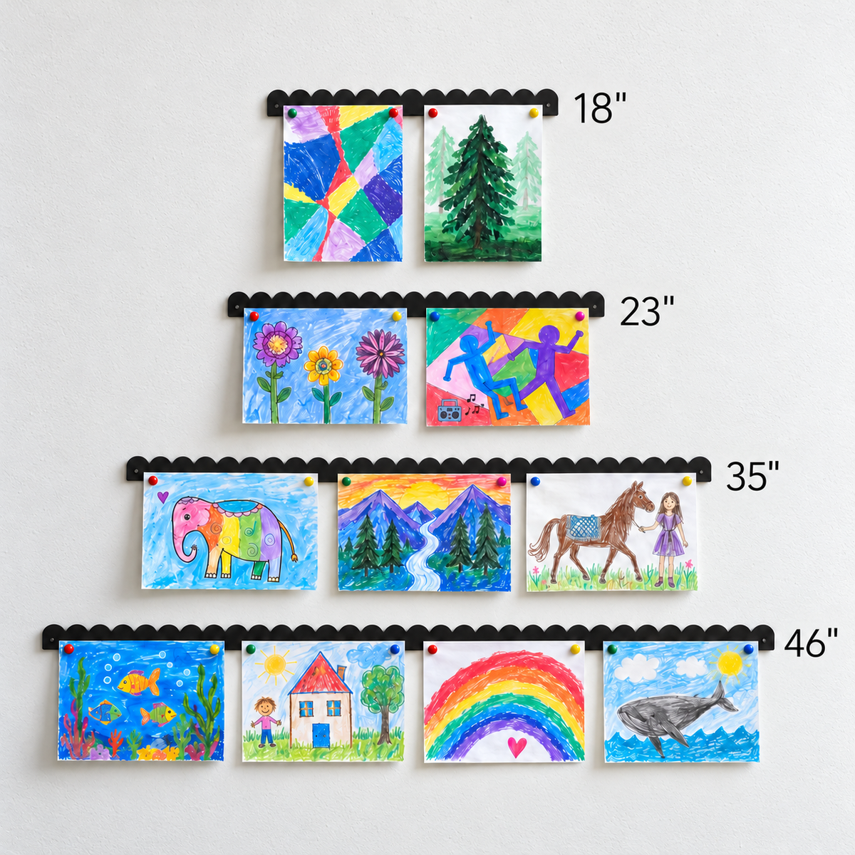 Scalloped magnetic art display size chart: 18, 23, 35 and 46 inch lengths in black, each holding kids artwork