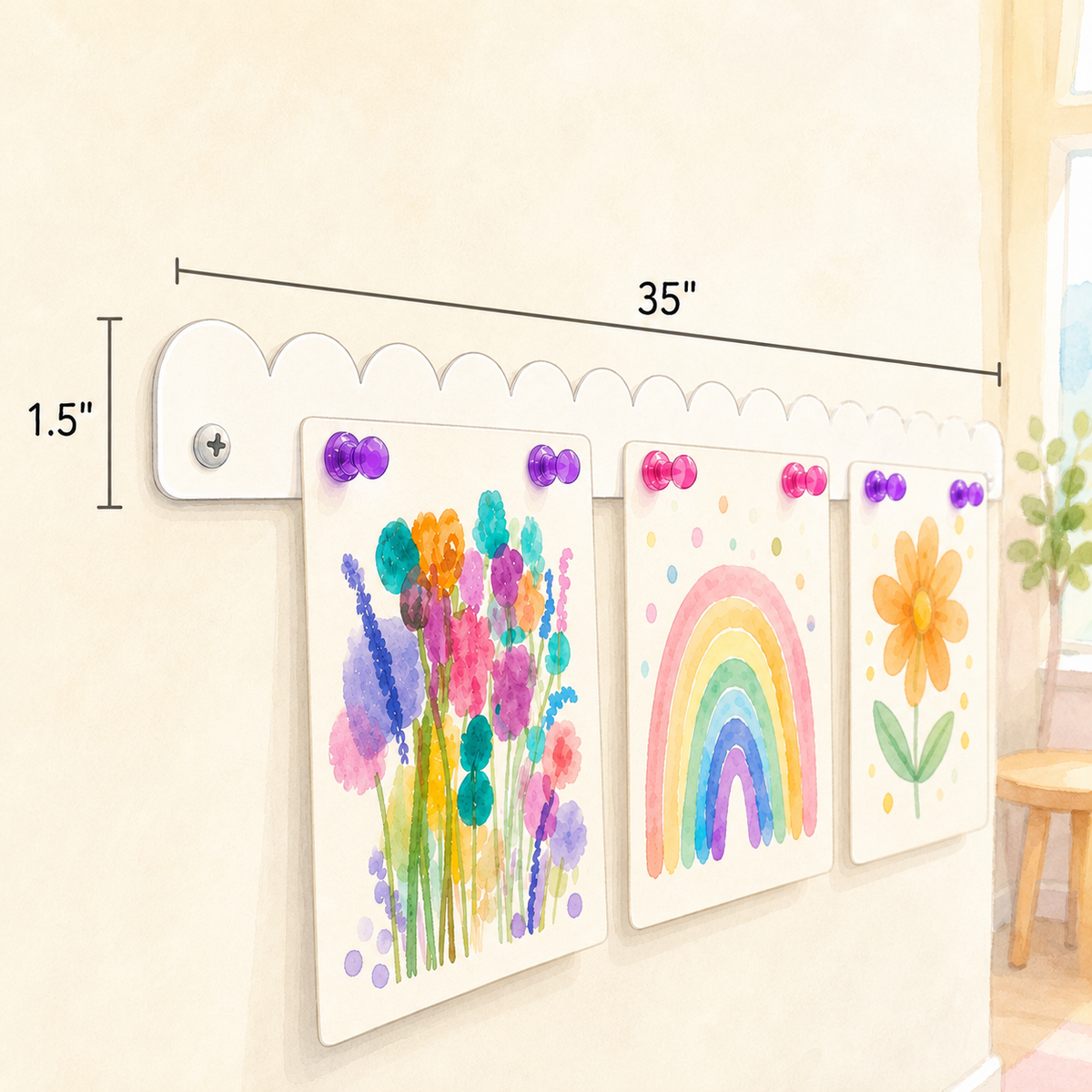 Dimensions of the 35 inch white scalloped magnetic art bar, 35 inches long by 1.5 inches tall