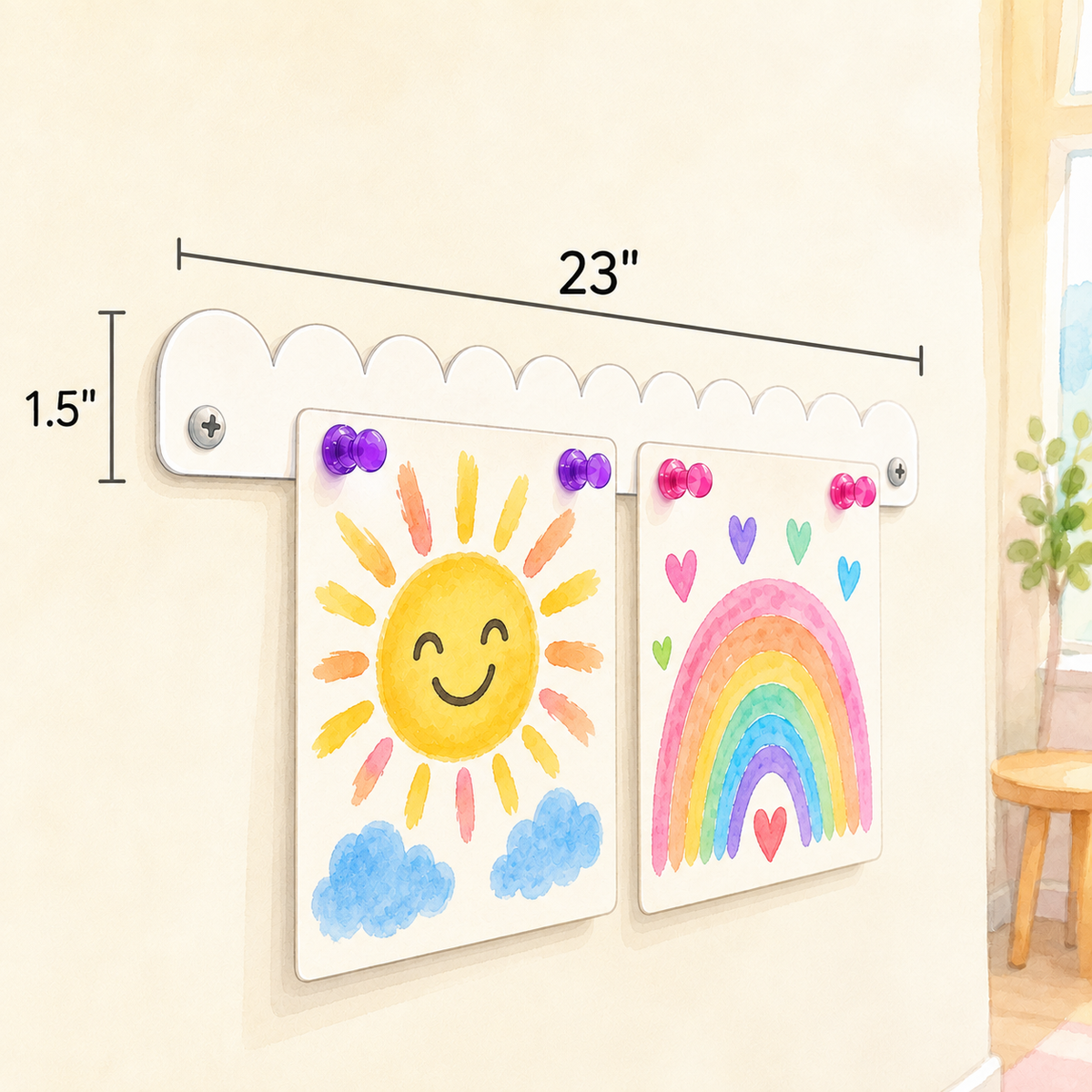 Dimensions of the 23 inch white scalloped magnetic art bar, 23 inches long by 1.5 inches tall