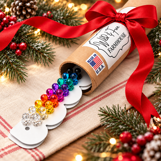 Wild and Free Farmhouse gift: white scalloped magnetic art displays and magnets in a red-bow tube with holiday greenery