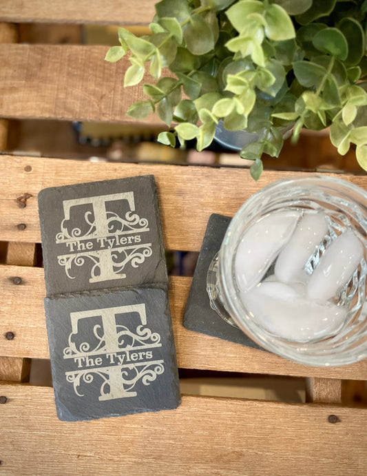 4 Personalized Slate Coasters, Engraved Monogram Coasters, Custom Wedding Gift, Personalized Housewarming Gift